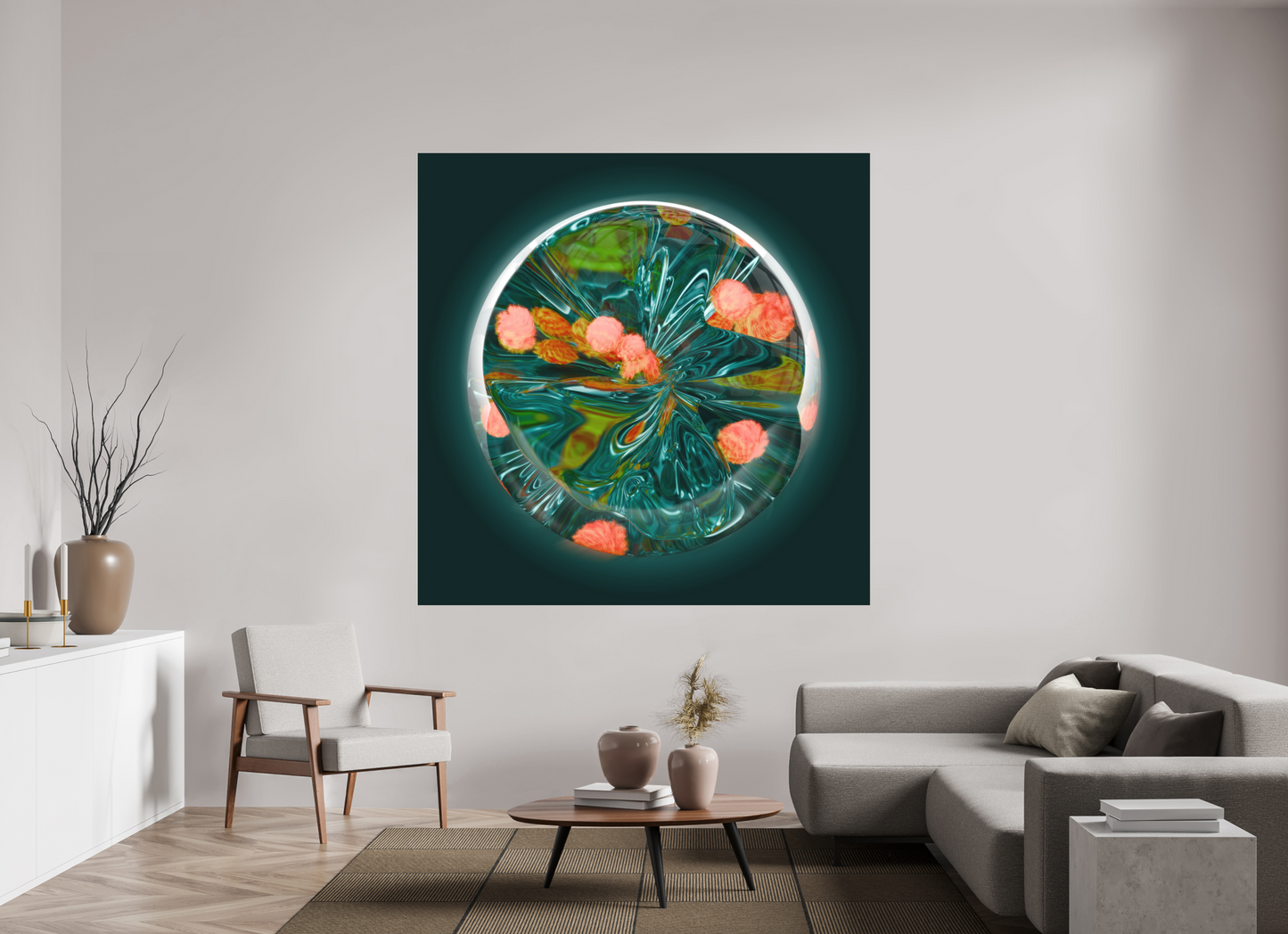 Emerald Lagoon: Dance of the Fire Corals || Acrylic Print, Wall Art, Fine Art Print, Pigment Print, Modern Art, Abstract Art, Digital Art, 3D Rendering, Corporate Art, Modern Design, Art For Offices, Investment Art