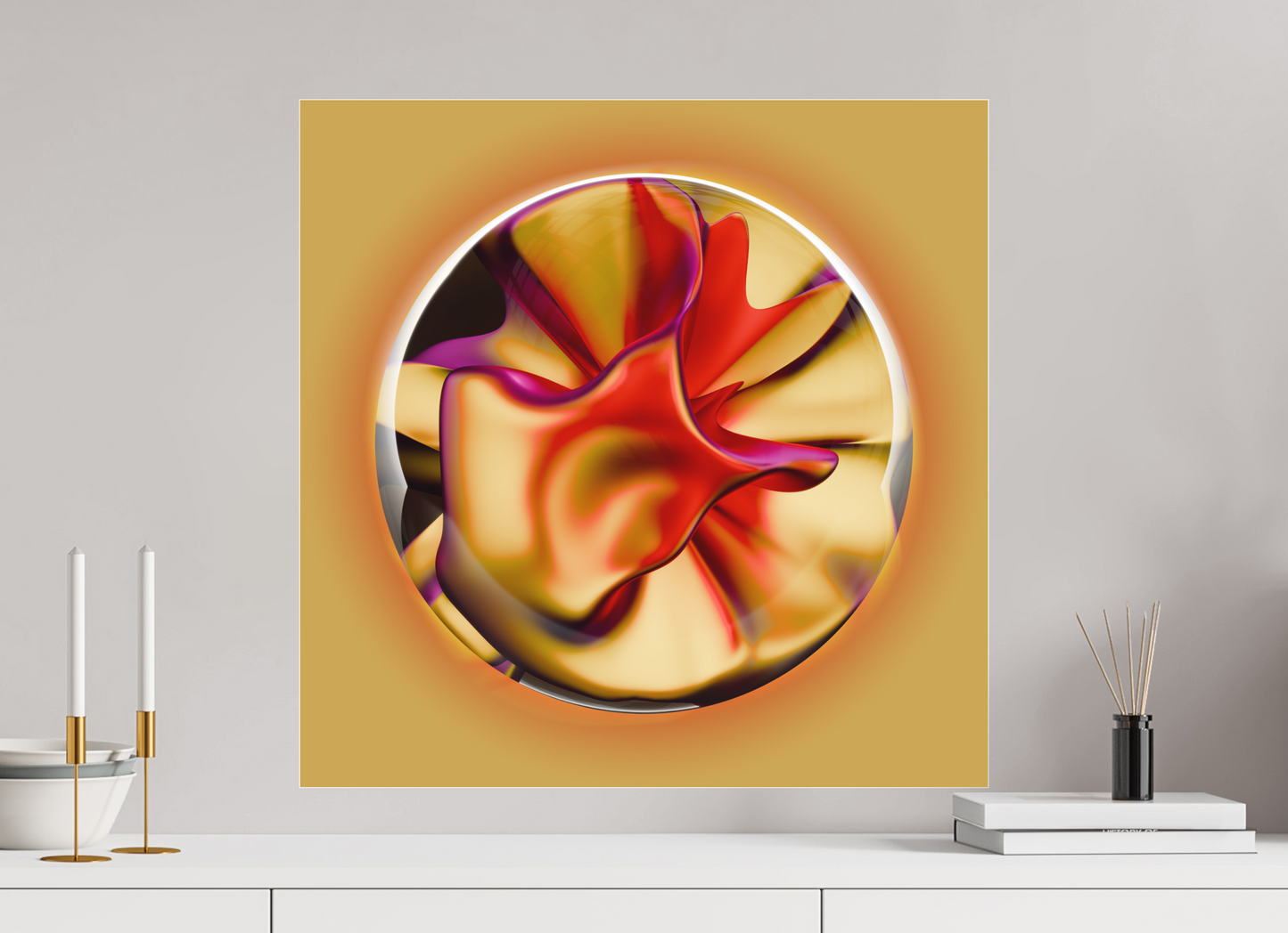 Solar Bloom: A Symphony in Gold and Magenta || Acrylic Print, Wall Art, Fine Art Print, Pigment Print, Modern Art, Abstract Art, Digital Art, 3D Rendering, Corporate Art, Modern Design, Art For Offices, Investment Art