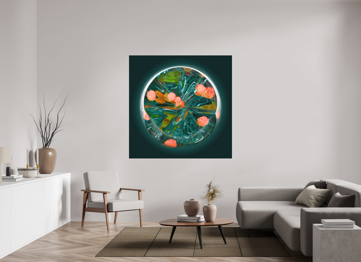 Emerald Lagoon: Dance of the Fire Corals || Acrylic Print, Wall Art, Fine Art Print, Pigment Print, Modern Art, Abstract Art, Digital Art, 3D Rendering, Corporate Art, Modern Design, Art For Offices, Investment Art
