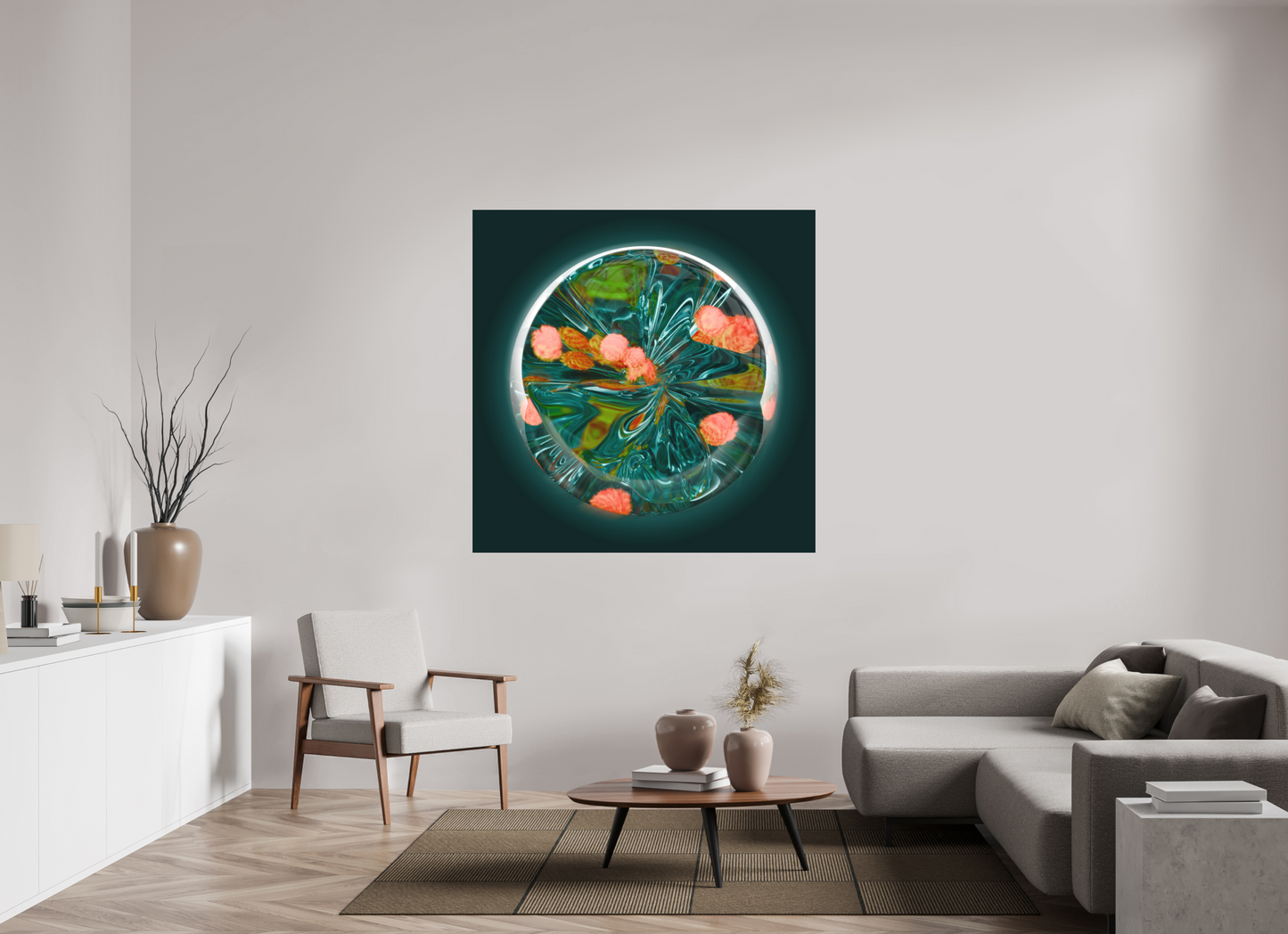 Emerald Lagoon: Dance of the Fire Corals || Acrylic Print, Wall Art, Fine Art Print, Pigment Print, Modern Art, Abstract Art, Digital Art, 3D Rendering, Corporate Art, Modern Design, Art For Offices, Investment Art