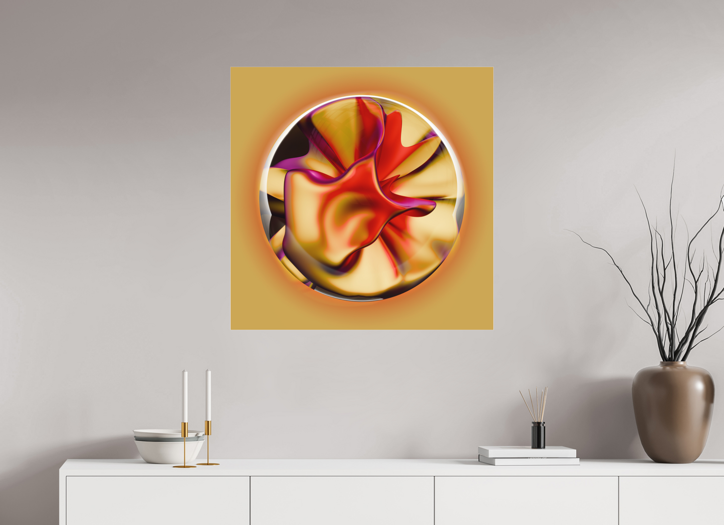 Solar Bloom: A Symphony in Gold and Magenta || Acrylic Print, Wall Art, Fine Art Print, Pigment Print, Modern Art, Abstract Art, Digital Art, 3D Rendering, Corporate Art, Modern Design, Art For Offices, Investment Art
