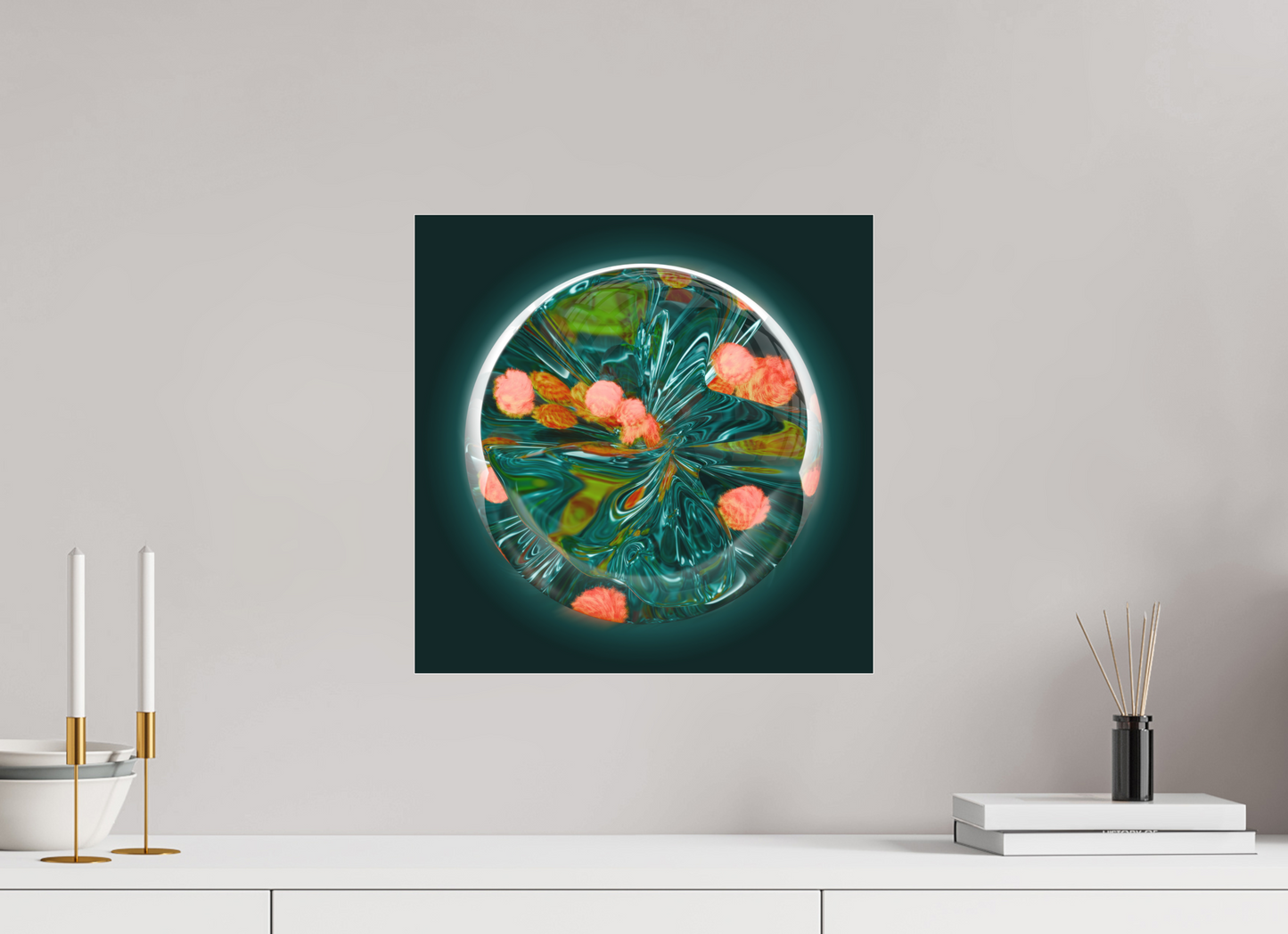 Emerald Lagoon: Dance of the Fire Corals || Acrylic Print, Wall Art, Fine Art Print, Pigment Print, Modern Art, Abstract Art, Digital Art, 3D Rendering, Corporate Art, Modern Design, Art For Offices, Investment Art