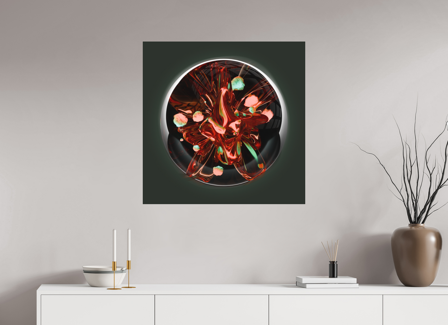 Coral Fire Sphere: Dance of Bio-Luminescence || Acrylic Print, Wall Art, Fine Art Print, Pigment Print, Modern Art, Abstract Art, Digital Art, 3D Rendering, Corporate Art, Modern Design, Art For Offices, Investment Art