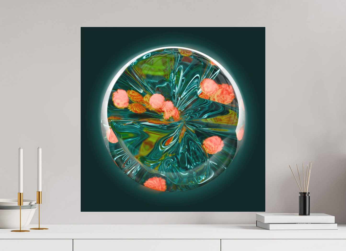 Emerald Lagoon: Dance of the Fire Corals || Acrylic Print, Wall Art, Fine Art Print, Pigment Print, Modern Art, Abstract Art, Digital Art, 3D Rendering, Corporate Art, Modern Design, Art For Offices, Investment Art