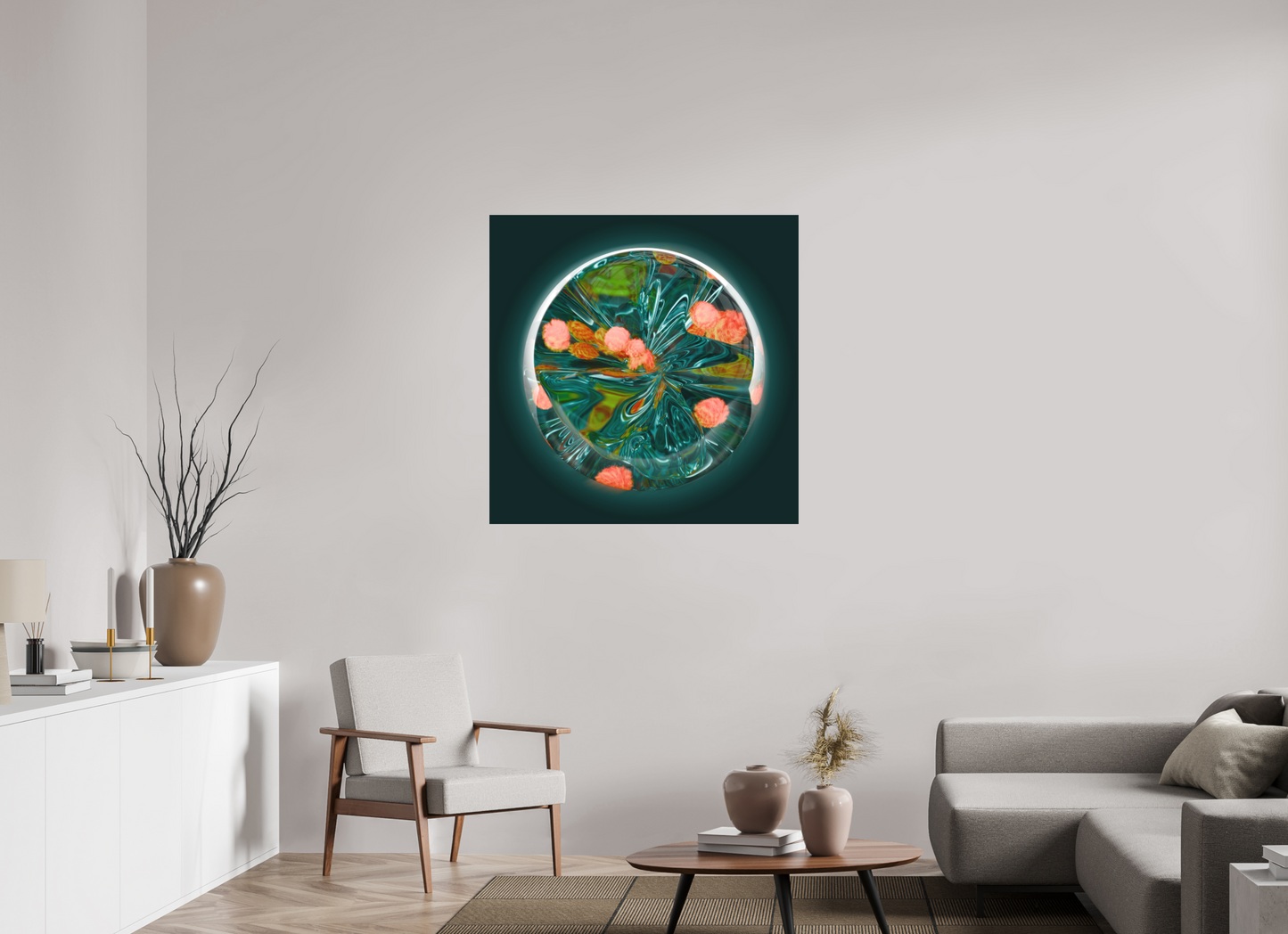 Emerald Lagoon: Dance of the Fire Corals || Acrylic Print, Wall Art, Fine Art Print, Pigment Print, Modern Art, Abstract Art, Digital Art, 3D Rendering, Corporate Art, Modern Design, Art For Offices, Investment Art