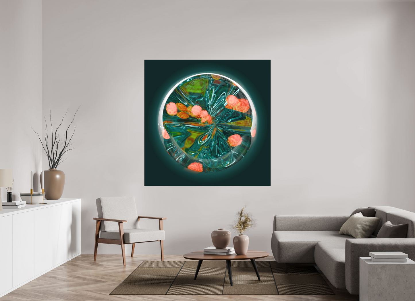 Emerald Lagoon: Dance of the Fire Corals || Acrylic Print, Wall Art, Fine Art Print, Pigment Print, Modern Art, Abstract Art, Digital Art, 3D Rendering, Corporate Art, Modern Design, Art For Offices, Investment Art