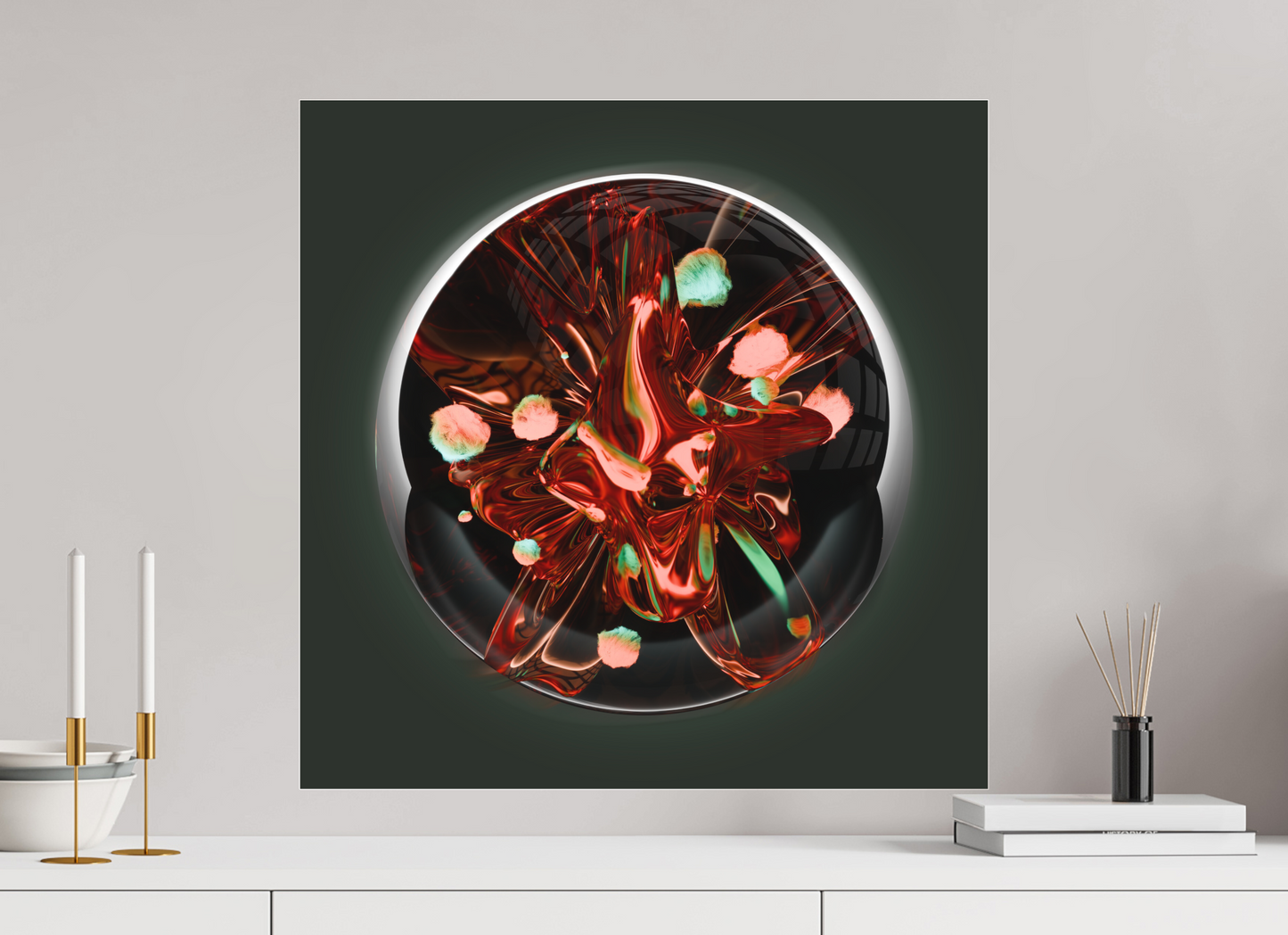 Coral Fire Sphere: Dance of Bio-Luminescence || Acrylic Print, Wall Art, Fine Art Print, Pigment Print, Modern Art, Abstract Art, Digital Art, 3D Rendering, Corporate Art, Modern Design, Art For Offices, Investment Art