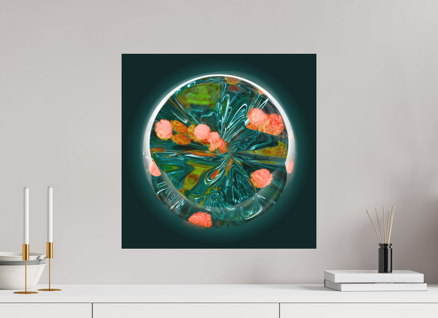 Emerald Lagoon: Dance of the Fire Corals || Acrylic Print, Wall Art, Fine Art Print, Pigment Print, Modern Art, Abstract Art, Digital Art, 3D Rendering, Corporate Art, Modern Design, Art For Offices, Investment Art