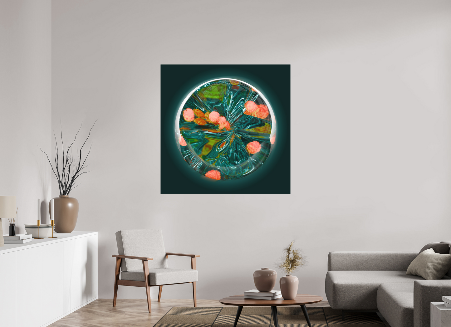 Emerald Lagoon: Dance of the Fire Corals || Acrylic Print, Wall Art, Fine Art Print, Pigment Print, Modern Art, Abstract Art, Digital Art, 3D Rendering, Corporate Art, Modern Design, Art For Offices, Investment Art
