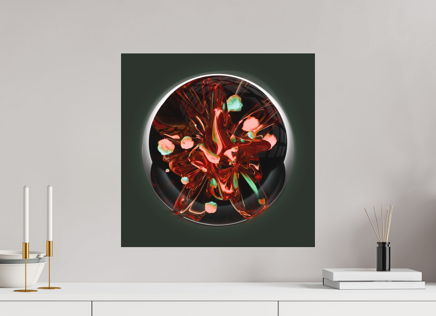 Coral Fire Sphere: Dance of Bio-Luminescence || Acrylic Print, Wall Art, Fine Art Print, Pigment Print, Modern Art, Abstract Art, Digital Art, 3D Rendering, Corporate Art, Modern Design, Art For Offices, Investment Art
