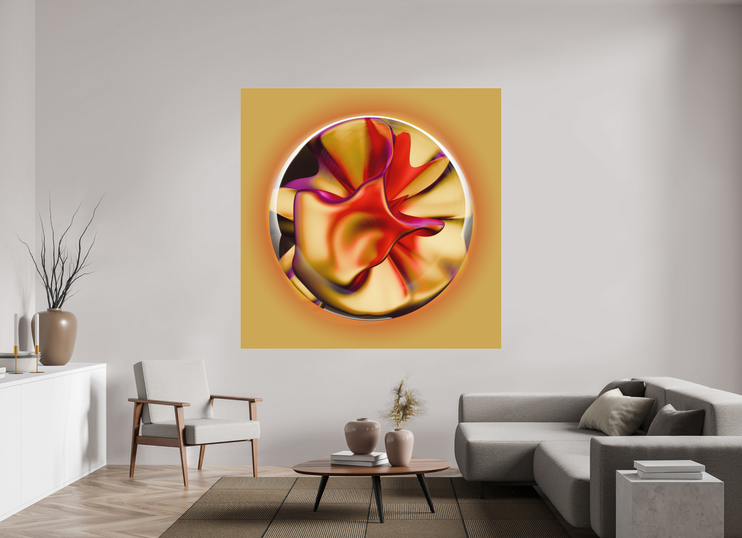 Solar Bloom: A Symphony in Gold and Magenta || Acrylic Print, Wall Art, Fine Art Print, Pigment Print, Modern Art, Abstract Art, Digital Art, 3D Rendering, Corporate Art, Modern Design, Art For Offices, Investment Art